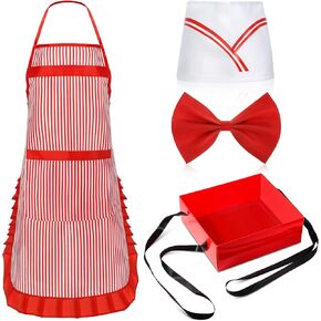 4 Pieces 1950s Adult Waiter Costume Kit Apron Tray with Strap Soda Jerk Chef Hat Bow Knot for 1950s Diner Dress Party