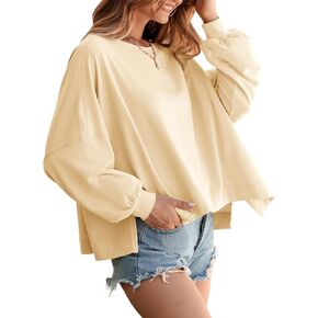 Tankaneo Womens Oversized Crewneck Sweatshirts Long Sleeve Loose Fit Slit Pullover Tops Fall Outfits Preppy Clothes
