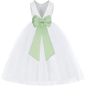 ekidsbridal White V-Back Satin Flower Girl Dress with Colored Sash Princess Gown 219T