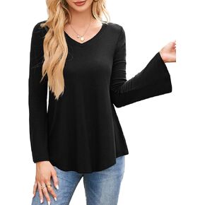 Amoretu Womens V Neck Tshirts Bell Long Sleeve Shirts Swing Tunic Tops