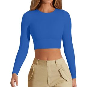 Women's Sexy Crew Neck Crop Top Long Sleeve Basic Fitted Tight Cropped T Shirts