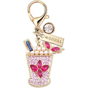 MC456 Little Crystal Strawberry Cherry Fruits Drinks Lobster Clasp Charm for Women with Velvet Bag (Pink,1 Piece)