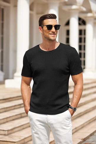 COOFANDY Men's Knit T Shirt Short Sleeve Crewneck Casual Vintage T-Shirts Summer Twist Knitted Pullover Tee in Kuwait