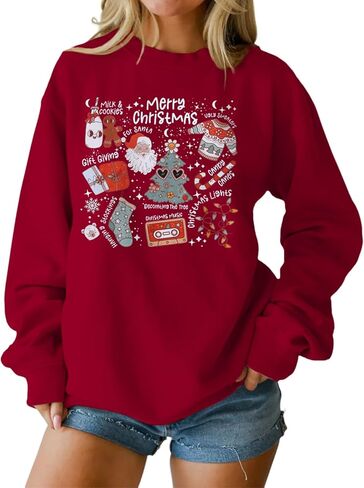 Ritatte عيد ميلاد سعيد البلوز المرأة Crewneck سانتا كلوز الجرافيك قميص مضحك عيد الميلاد طويلة الأكمام عطلة البلوز الأعلى in Kuwait