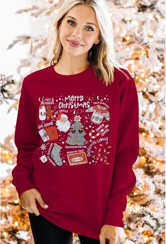 Ritatte عيد ميلاد سعيد البلوز المرأة Crewneck سانتا كلوز الجرافيك قميص مضحك عيد الميلاد طويلة الأكمام عطلة البلوز الأعلى in Kuwait