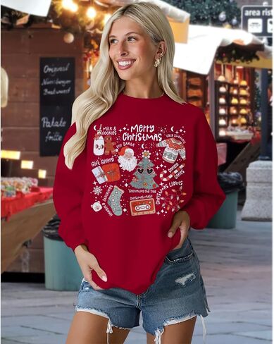 Ritatte عيد ميلاد سعيد البلوز المرأة Crewneck سانتا كلوز الجرافيك قميص مضحك عيد الميلاد طويلة الأكمام عطلة البلوز الأعلى in Kuwait