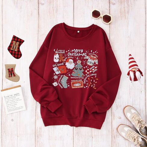 Ritatte عيد ميلاد سعيد البلوز المرأة Crewneck سانتا كلوز الجرافيك قميص مضحك عيد الميلاد طويلة الأكمام عطلة البلوز الأعلى in Kuwait