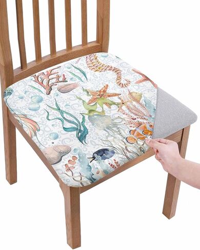 Coastal Chair Seat Covers for Dining Room Stretch Chair Seat Covers Set of 4,Chair Seat Protector Cushion Slipcovers for Kitchen Office Jellyfish Seahorse Shells Corals Starfish Seaweed Watercolor in Kuwait