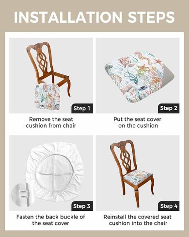 Coastal Chair Seat Covers for Dining Room Stretch Chair Seat Covers Set of 4,Chair Seat Protector Cushion Slipcovers for Kitchen Office Jellyfish Seahorse Shells Corals Starfish Seaweed Watercolor in Kuwait