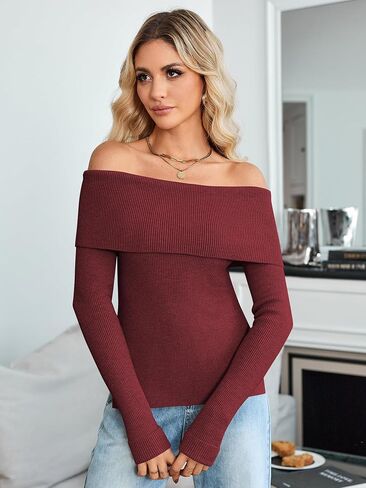 ZAFUL المرأة قبالة الكتف البلوز سترة طويلة الأكمام الخريف مضلع متماسكة القمم مثير Y2K ملابس in Saudi Arabia