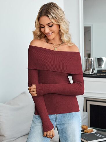 ZAFUL المرأة قبالة الكتف البلوز سترة طويلة الأكمام الخريف مضلع متماسكة القمم مثير Y2K ملابس in Saudi Arabia