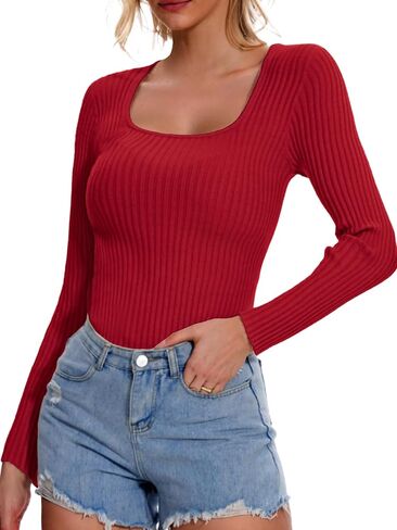 ELLEVEN Women’s Square Neck Long Sleeve Shirts—Ribbed Knit Sweater Slim Fitted Elegant Fall Casual Basic Tee Tops in Saudi Arabia