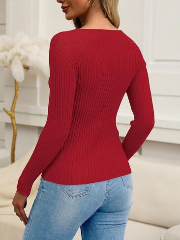 ELLEVEN Women’s Square Neck Long Sleeve Shirts—Ribbed Knit Sweater Slim Fitted Elegant Fall Casual Basic Tee Tops in Saudi Arabia