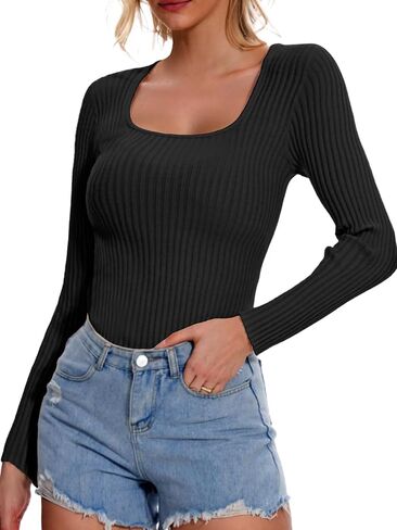 ELLEVEN Women’s Square Neck Long Sleeve Shirts—Ribbed Knit Sweater Slim Fitted Elegant Fall Casual Basic Tee Tops in Saudi Arabia