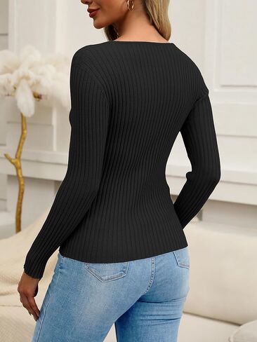 ELLEVEN Women’s Square Neck Long Sleeve Shirts—Ribbed Knit Sweater Slim Fitted Elegant Fall Casual Basic Tee Tops in Saudi Arabia