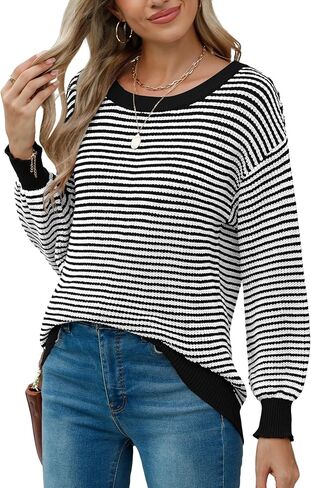 بلوفر Jouica للسيدات 2024 بأكمام تشبه جناح الخفاش، كاجوال بياقة دائرية ومخططة بألوان متعددة، بلوفر خفيف الوزن للخريف in Kuwait