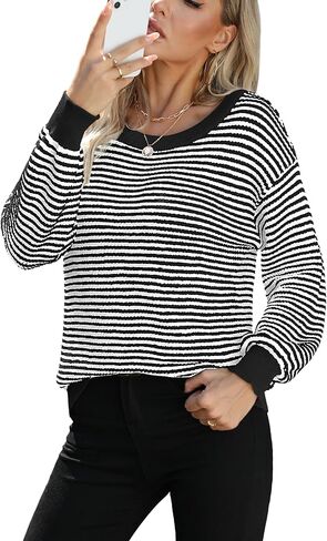 بلوفر Jouica للسيدات 2024 بأكمام تشبه جناح الخفاش، كاجوال بياقة دائرية ومخططة بألوان متعددة، بلوفر خفيف الوزن للخريف in Kuwait