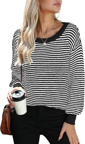 بلوفر Jouica للسيدات 2024 بأكمام تشبه جناح الخفاش، كاجوال بياقة دائرية ومخططة بألوان متعددة، بلوفر خفيف الوزن للخريف in Kuwait