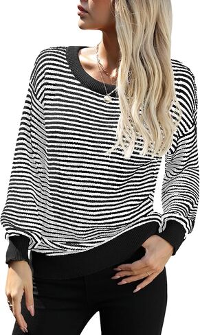 بلوفر Jouica للسيدات 2024 بأكمام تشبه جناح الخفاش، كاجوال بياقة دائرية ومخططة بألوان متعددة، بلوفر خفيف الوزن للخريف in Kuwait