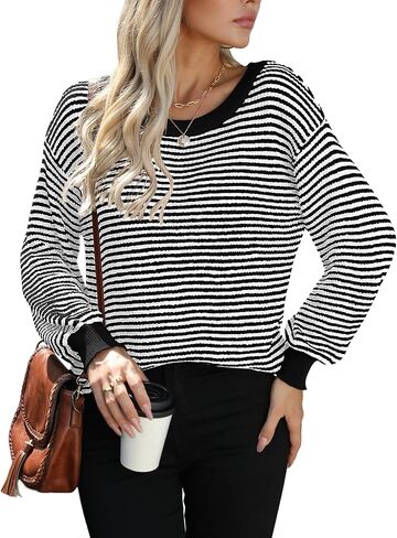 بلوفر Jouica للسيدات 2024 بأكمام تشبه جناح الخفاش، كاجوال بياقة دائرية ومخططة بألوان متعددة، بلوفر خفيف الوزن للخريف in Kuwait