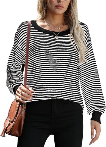 بلوفر Jouica للسيدات 2024 بأكمام تشبه جناح الخفاش، كاجوال بياقة دائرية ومخططة بألوان متعددة، بلوفر خفيف الوزن للخريف in Kuwait