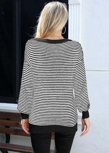 بلوفر Jouica للسيدات 2024 بأكمام تشبه جناح الخفاش، كاجوال بياقة دائرية ومخططة بألوان متعددة، بلوفر خفيف الوزن للخريف in Kuwait