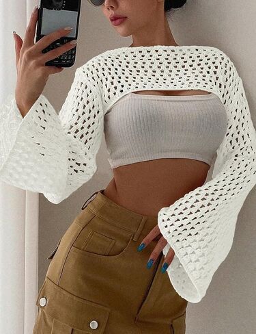 Womens Cropped Sweater Crochet Knit Crop Tops See Through Y2k Knit Sweater Beach Cover Ups in Kuwait