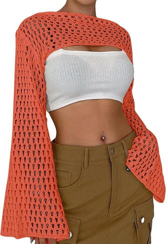 Womens Cropped Sweater Crochet Knit Crop Tops See Through Y2k Knit Sweater Beach Cover Ups in Kuwait