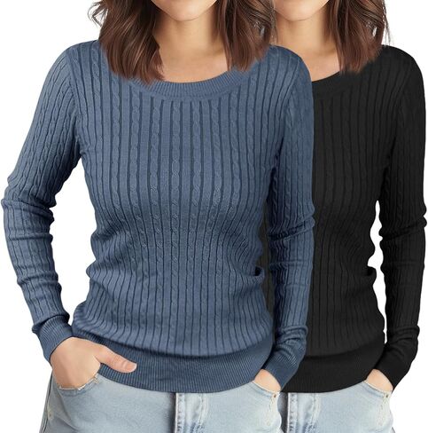 Riyiper 2 Pack Women's Long Sleeve Sweaters Lightweight Cable Knit Sweater Crew Neck Loose Casual Basics Sweater in Kuwait