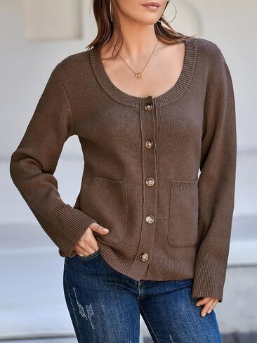 Saodimallsu Womens Button Down Cardigan Sweaters Crew Neck 2024 Trendy Fall Knit Loose Sweater Coats with Pockets in Saudi Arabia