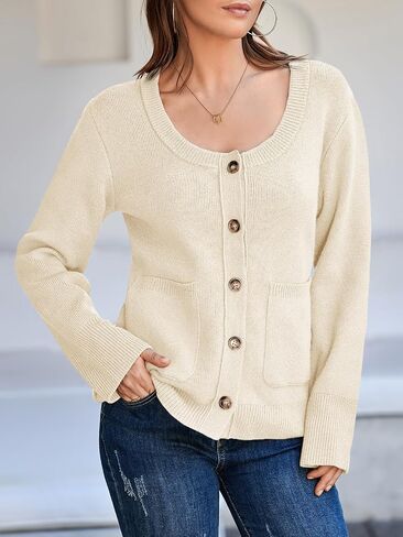 Saodimallsu Womens Button Down Cardigan Sweaters Crew Neck 2024 Trendy Fall Knit Loose Sweater Coats with Pockets in Saudi Arabia