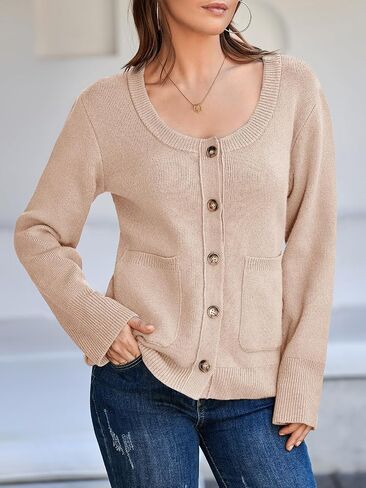 Saodimallsu Womens Button Down Cardigan Sweaters Crew Neck 2024 Trendy Fall Knit Loose Sweater Coats with Pockets in Saudi Arabia
