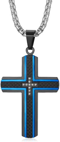 Holizaly Men's Cross Necklace 316L Stainless Steel Pendant White/Gold/Black/Blue Rolo Chain-Gift Box Included in Kuwait