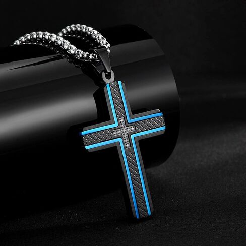Holizaly Men's Cross Necklace 316L Stainless Steel Pendant White/Gold/Black/Blue Rolo Chain-Gift Box Included in Kuwait