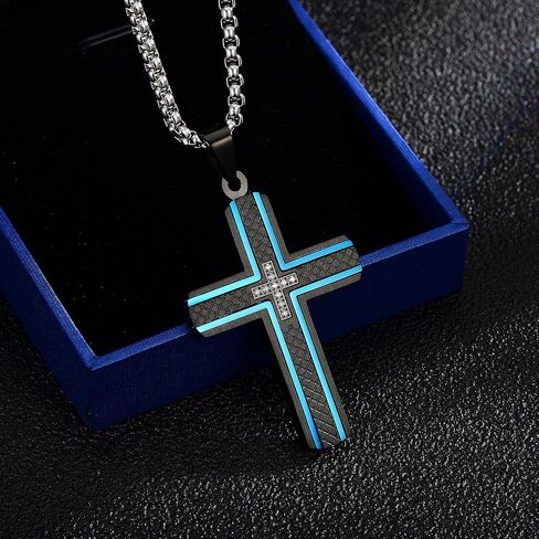 Holizaly Men's Cross Necklace 316L Stainless Steel Pendant White/Gold/Black/Blue Rolo Chain-Gift Box Included in Kuwait