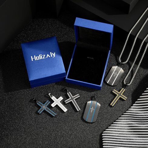 Holizaly Men's Cross Necklace 316L Stainless Steel Pendant White/Gold/Black/Blue Rolo Chain-Gift Box Included in Kuwait