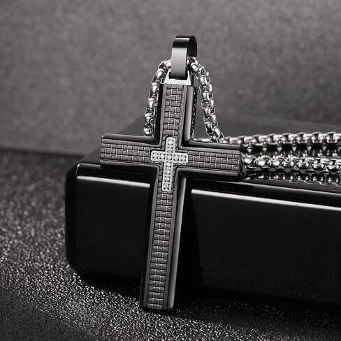 Holizaly Men's Cross Necklace 316L Stainless Steel Pendant White/Gold/Black/Blue Rolo Chain-Gift Box Included in Kuwait