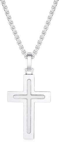 Holizaly Men's Cross Necklace 316L Stainless Steel Pendant White/Gold/Black/Blue Rolo Chain-Gift Box Included in Kuwait