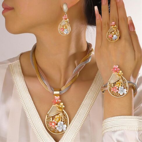 Gold Jewelry for Women Luxury African Dubai 18k Gold Plated Jewelry Sets Wedding Necklace Earrings Set in Saudi Arabia