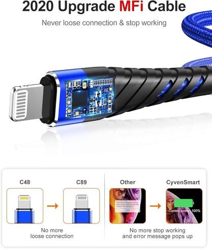 Charger Cable 10ft for【Apple MFi Certified】,(2 Pack) CyvenSmart 10 Foot Lightning Cable Fast Charging Cord for iPhone 11/11 Pro /11 Pro Max/XS/XS Max/XR/X/8/8 Plus/7/7 Plus/6(Black) in Kuwait