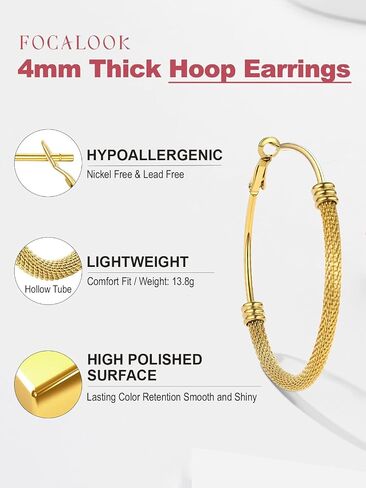 FOCALOOK 14K Gold Hoop Earrings, Lightweight Hypoallergenic Large Stainless Steel Black Hoops for Women 30/40/60/80mm in Saudi Arabia