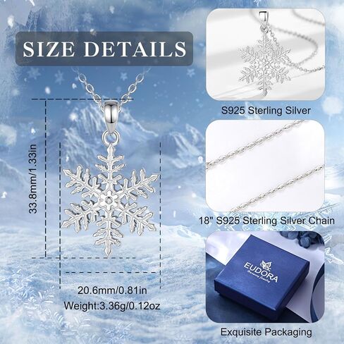 EUDORA S925 Sterling Silver Snowflake Necklace for Women, Snowflake Pendant Winter Holiday Jewelry Original Gifts for Women Wife Mother Daughter Snowflake Lovers, 18" in Saudi Arabia