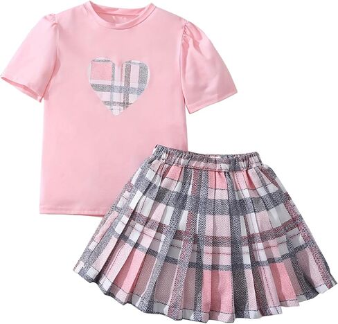 Girls Clothing Set 2 Piece Outfits Skirt Sets Cute Puff Short Sleeve Tops & Plaid Mini Pleated Skirts 4-8 Years in Saudi Arabia