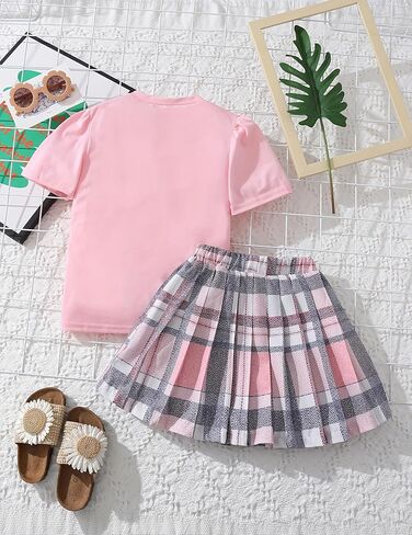 Girls Clothing Set 2 Piece Outfits Skirt Sets Cute Puff Short Sleeve Tops & Plaid Mini Pleated Skirts 4-8 Years in Saudi Arabia