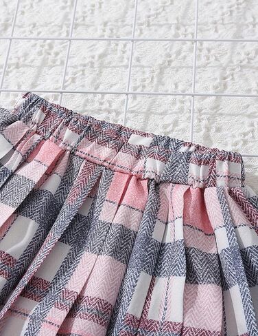 Girls Clothing Set 2 Piece Outfits Skirt Sets Cute Puff Short Sleeve Tops & Plaid Mini Pleated Skirts 4-8 Years in Saudi Arabia