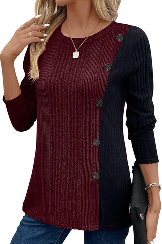 BAISHENGGT Tunic Tops for Women Dressy Casual Color Contrast Long Sleeve Blouse Crew Neck Streetwear T Shirts in Kuwait