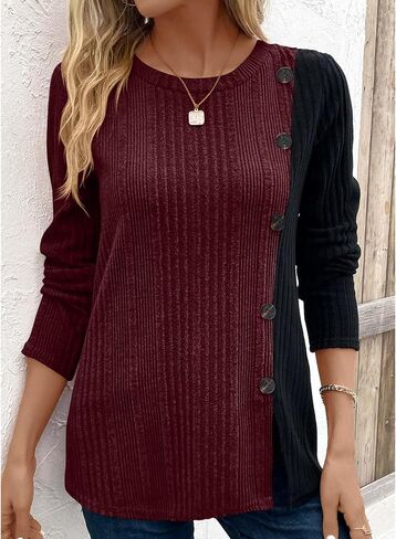 BAISHENGGT Tunic Tops for Women Dressy Casual Color Contrast Long Sleeve Blouse Crew Neck Streetwear T Shirts in Kuwait