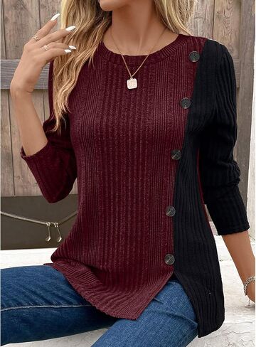 BAISHENGGT Tunic Tops for Women Dressy Casual Color Contrast Long Sleeve Blouse Crew Neck Streetwear T Shirts in Kuwait