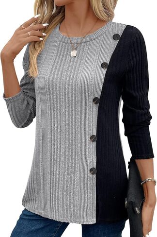BAISHENGGT Tunic Tops for Women Dressy Casual Color Contrast Long Sleeve Blouse Crew Neck Streetwear T Shirts in Kuwait