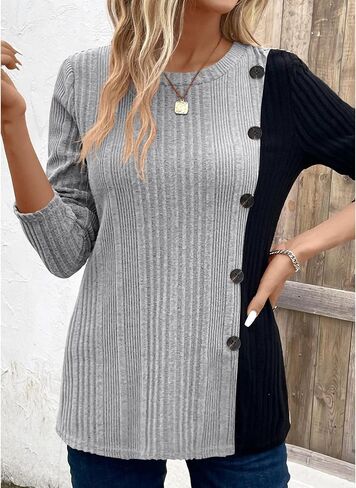 BAISHENGGT Tunic Tops for Women Dressy Casual Color Contrast Long Sleeve Blouse Crew Neck Streetwear T Shirts in Kuwait